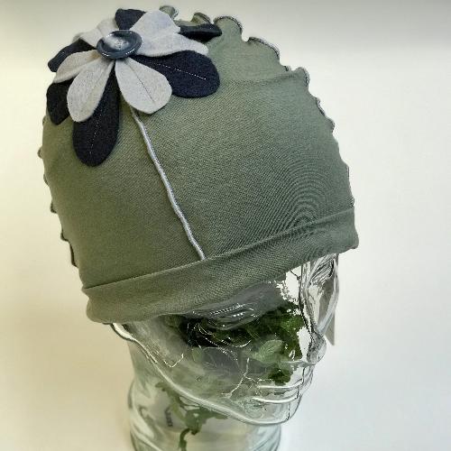 Flower Beanie Hat in Green, Navy and Grey