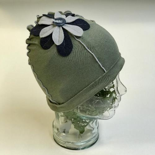 Flower Beanie Hat in Green, Navy and Grey