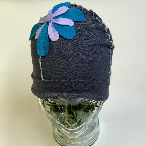 Flower Beanie Hat in Grey, Blue and Purple