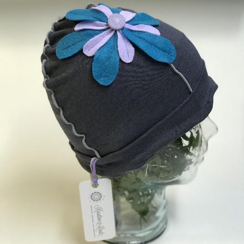 Flower Beanie Hat in Grey, Blue and Purple