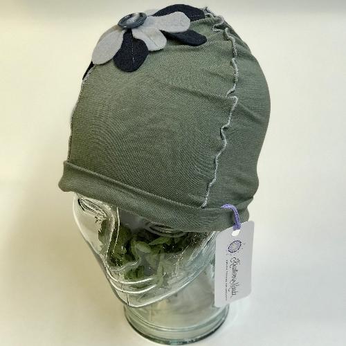 Flower Beanie Hat in Green, Navy and Grey