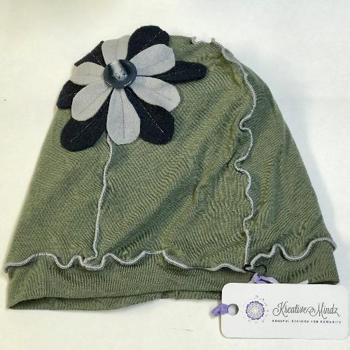 Flower Beanie Hat in Green, Navy and Grey