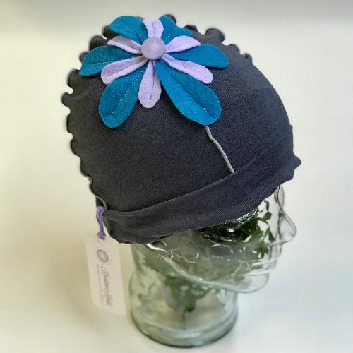 Flower Beanie Hat in Grey, Blue and Purple